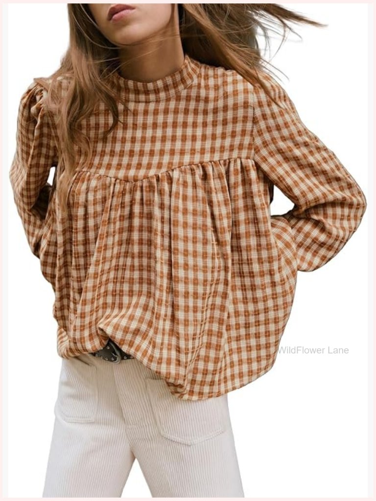Long Sleeve Mock Neck Babydoll Blouse Loose Flowy Plaid Tops